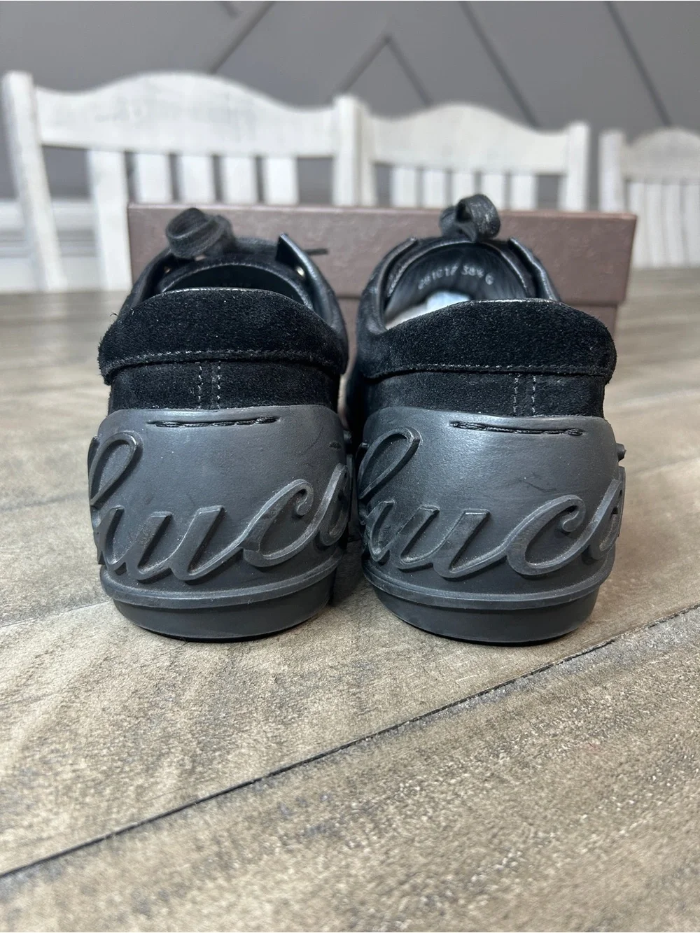 Gucci Script Logo Black Suede Low Top Sneakers Shoes Mens Size 7.5 38.5 G w/Box